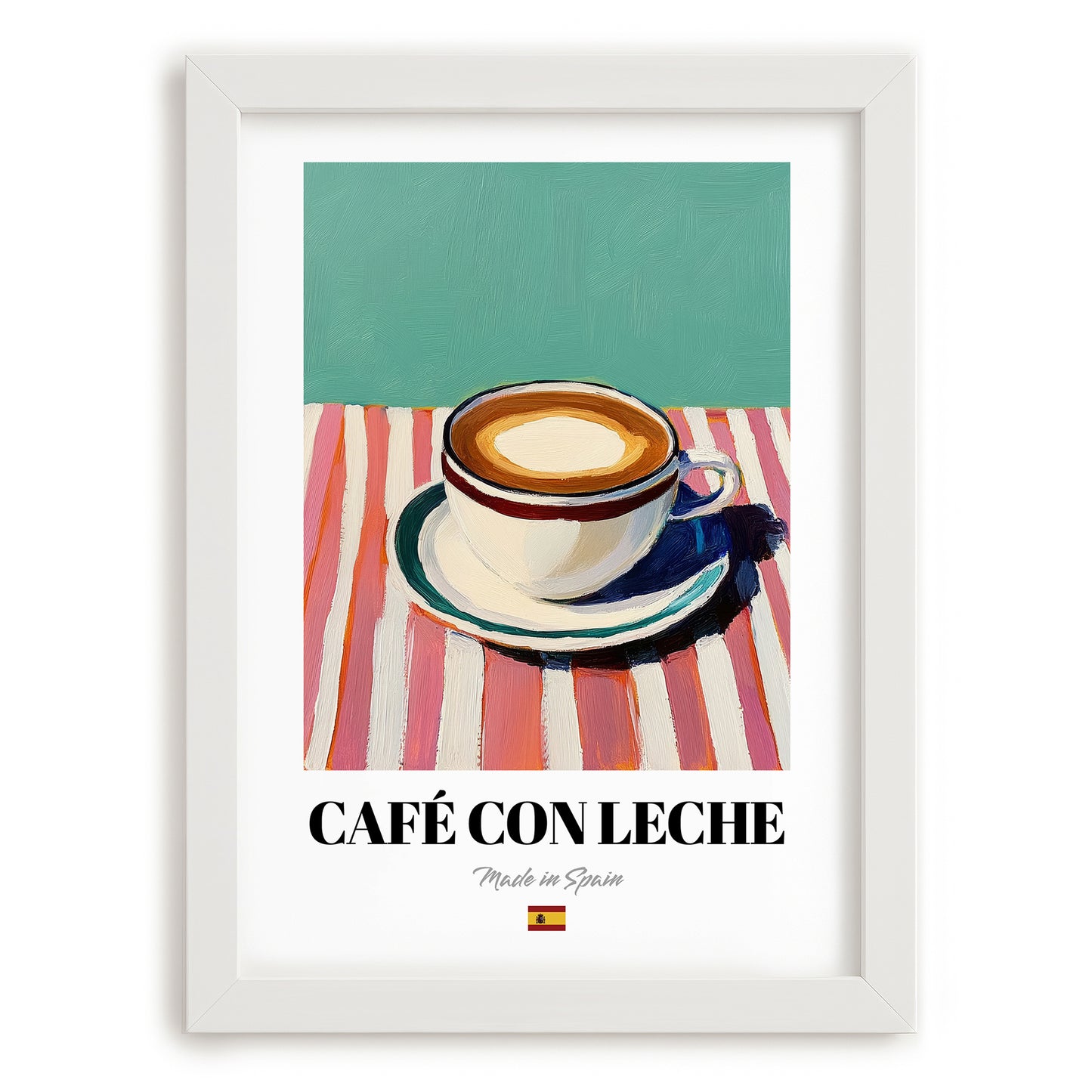 Café con Leche – Spanish Coffee, Book Café Painting, placed in minimal white frame