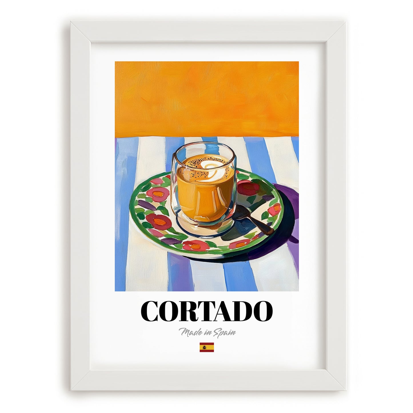 Cortado – Spanish Coffee, Espresso Bar Painting, placed in minimal white frame