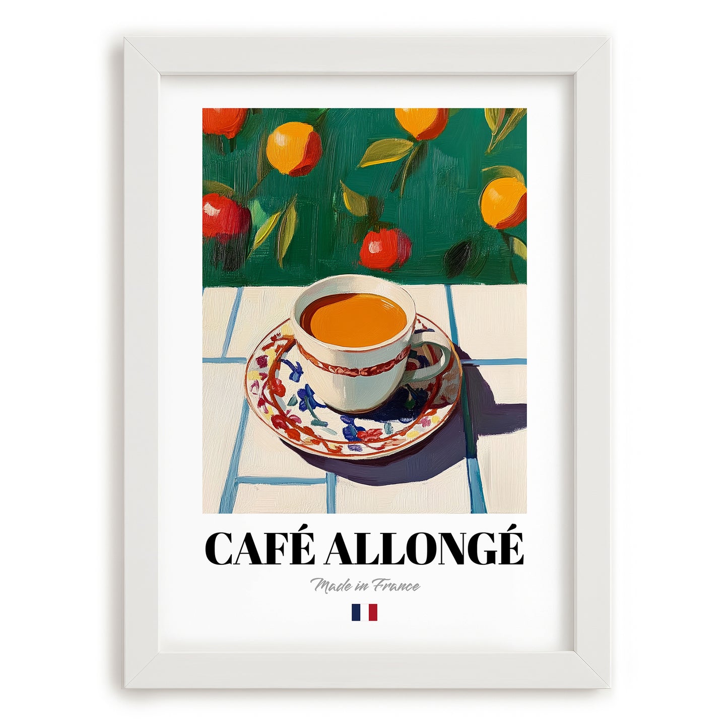 Café Allongé – French Coffee, Street Café Wall Art, placed in minimal white frame