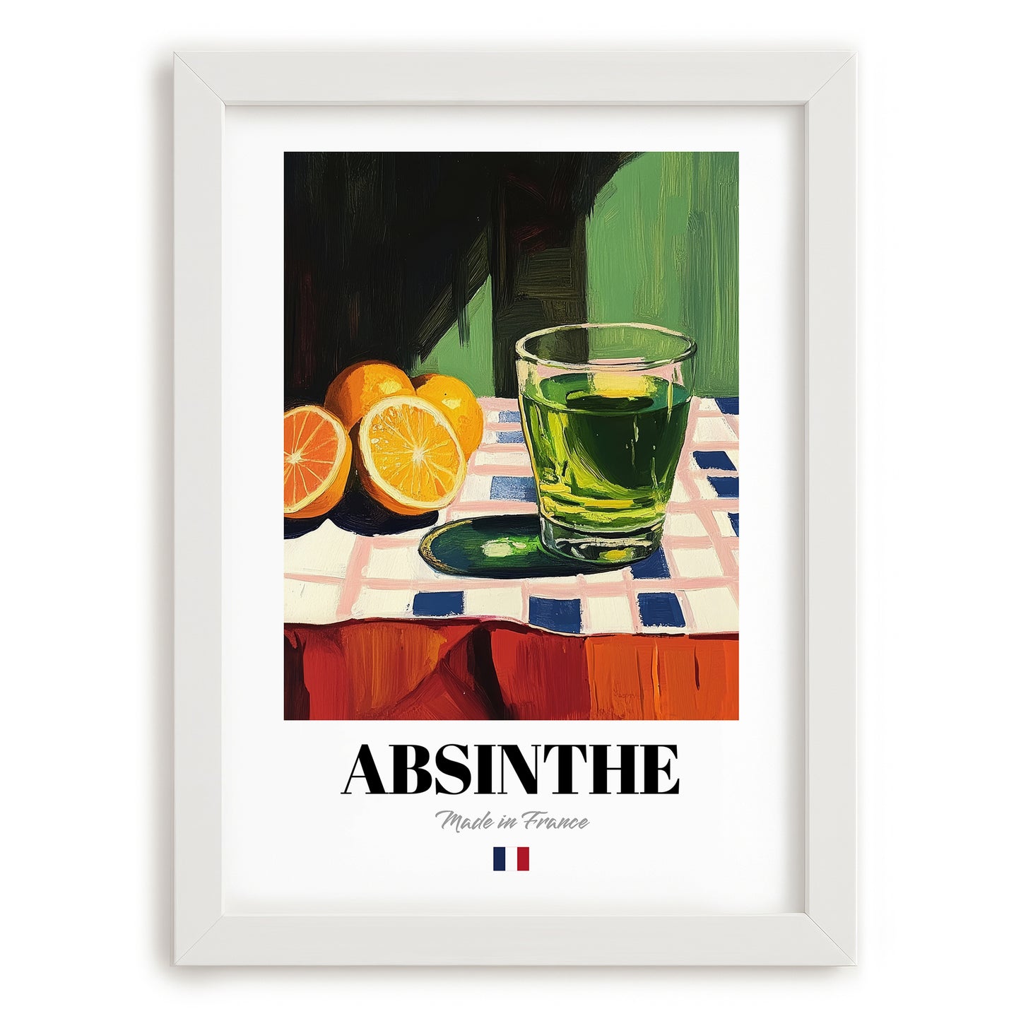 Absinthe – French Spirit Drink, Rooftop Terrace Wall Art, placed in minimal white frame
