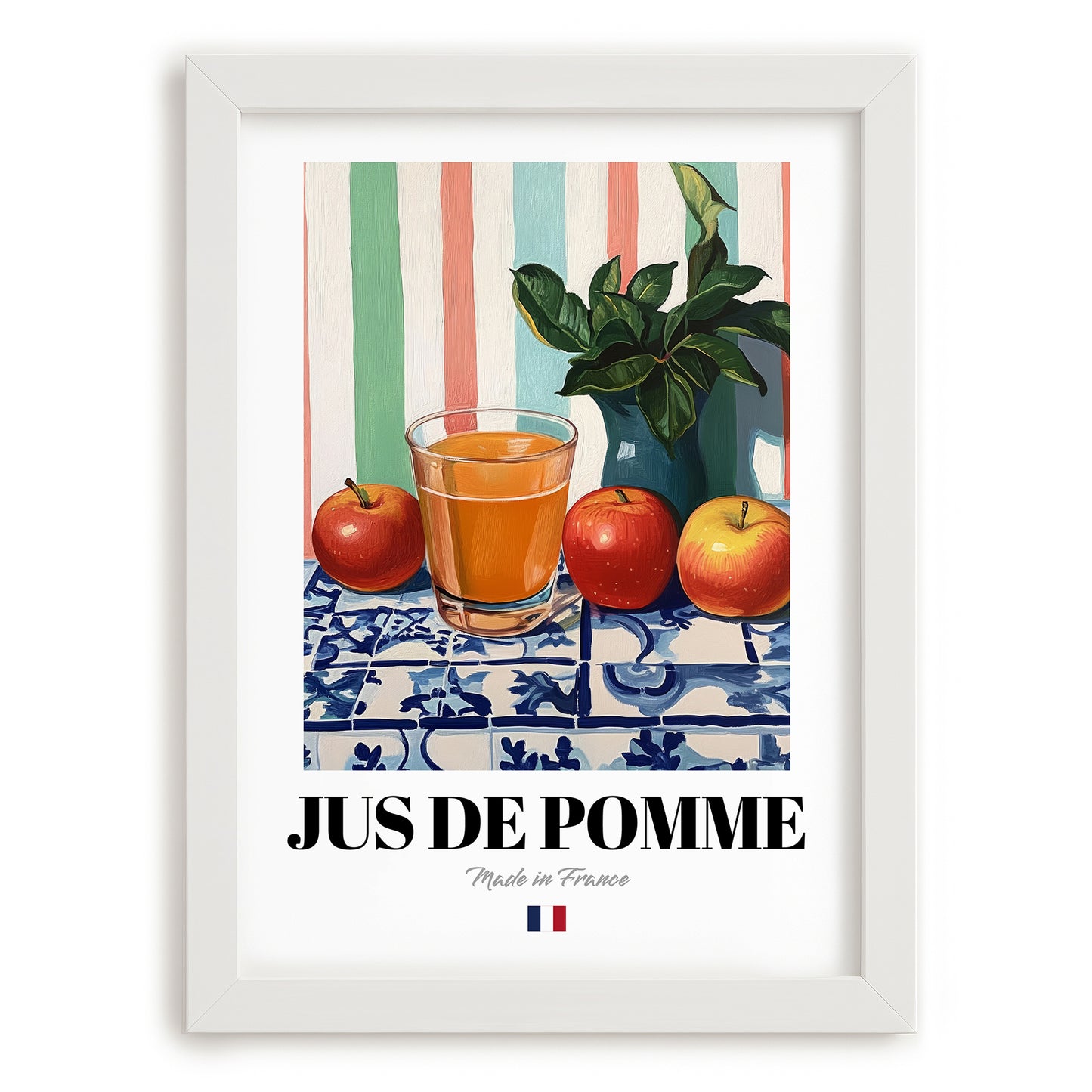 Jus de Pomme – French Beverage Drink, Jazz Bar Poster, placed in minimal white frame