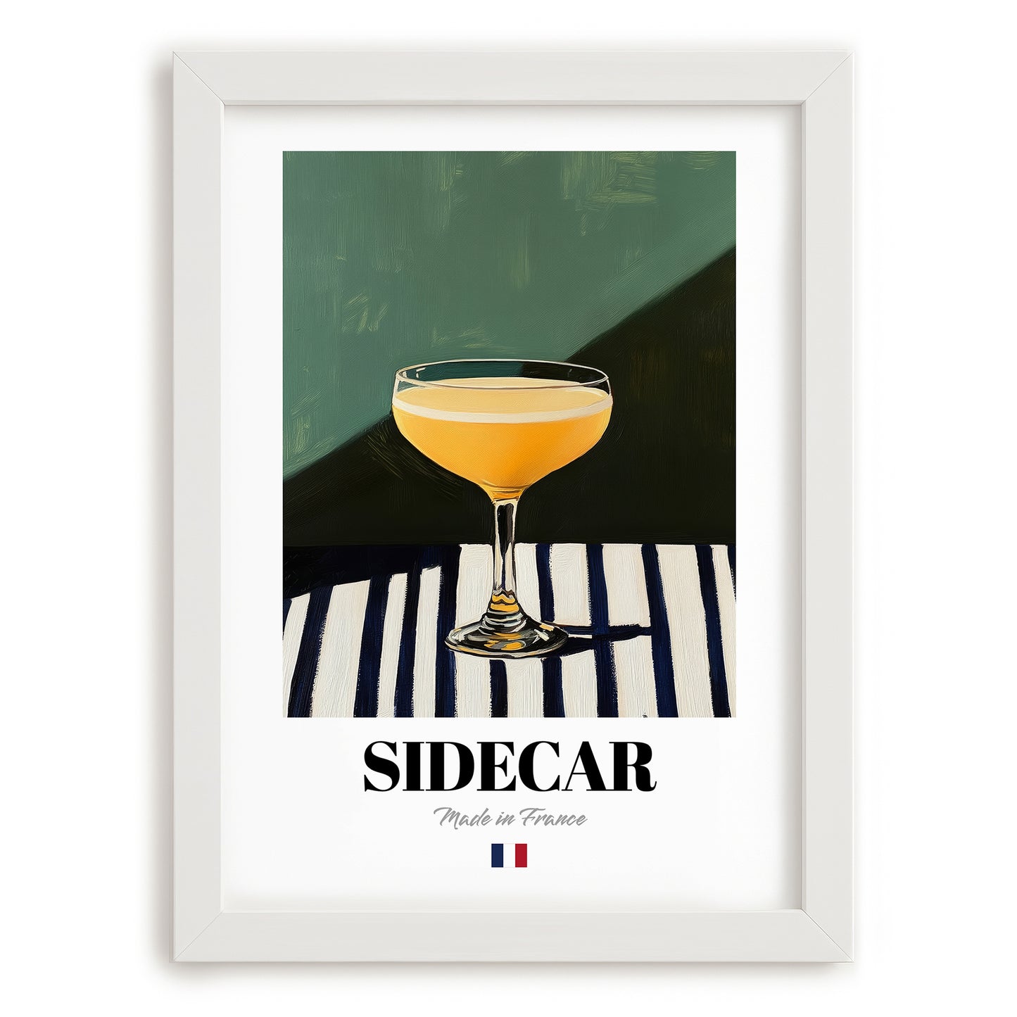 Sidecar – French Cocktail Drink, Cocktail Lounge Wall Art, placed in minimal white frame