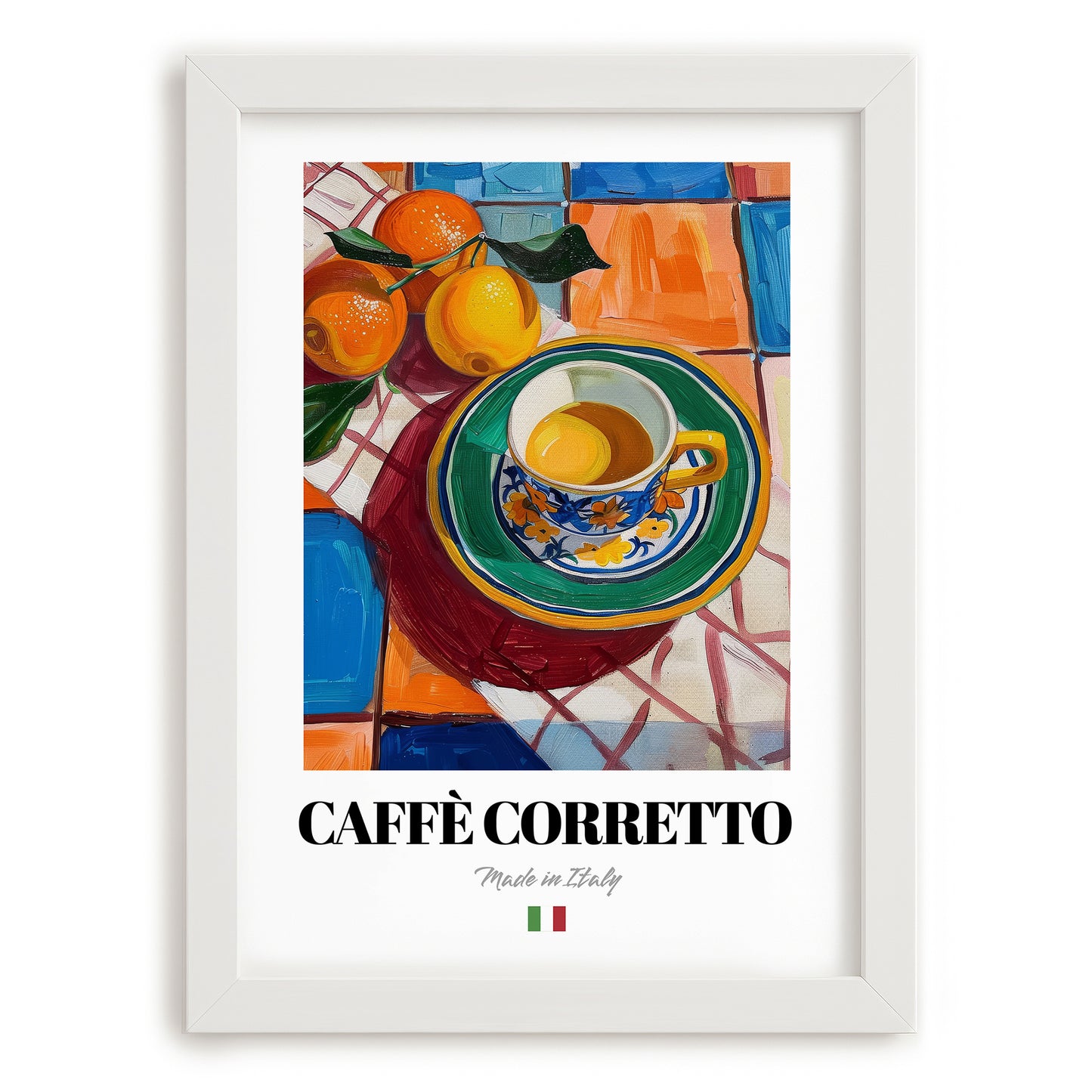 Caffè Corretto – Italian Coffee, Coffeehouse Poster, placed in minimal white frame
