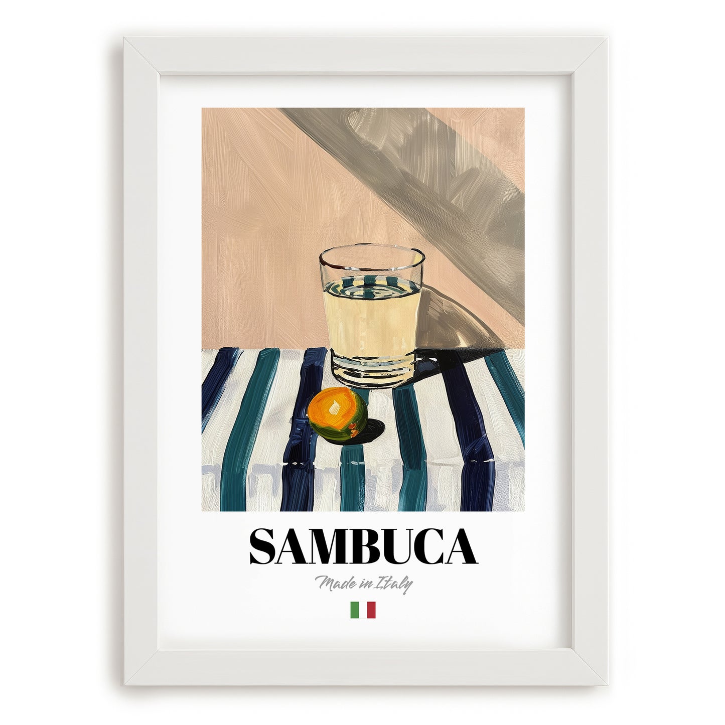 Sambuca – Italian Liqueur Drink, Cocktail Lounge Wall Decor, placed in minimal white frame