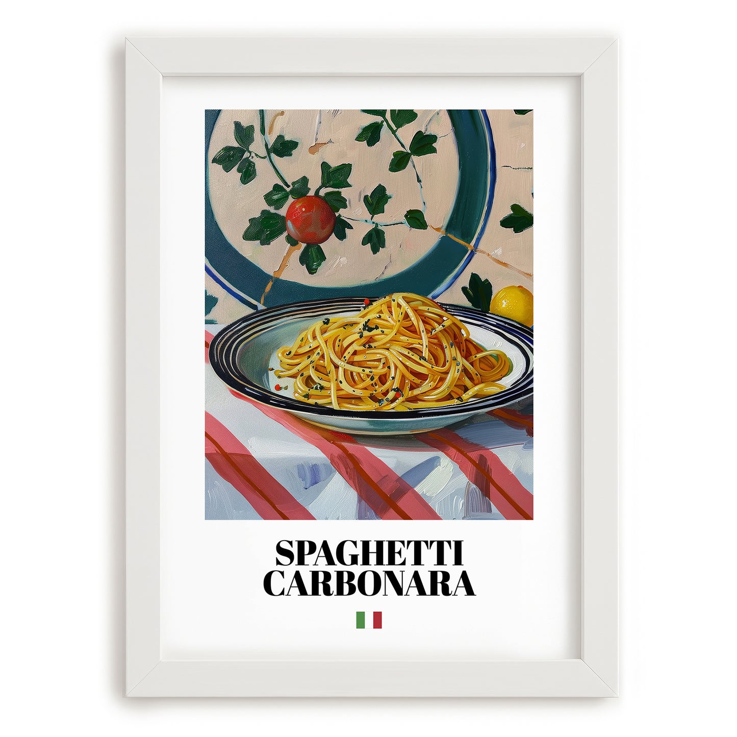 Spaghetti Carbonara – Italian Pasta, Restaurant Still Life, placed in minimal white frame