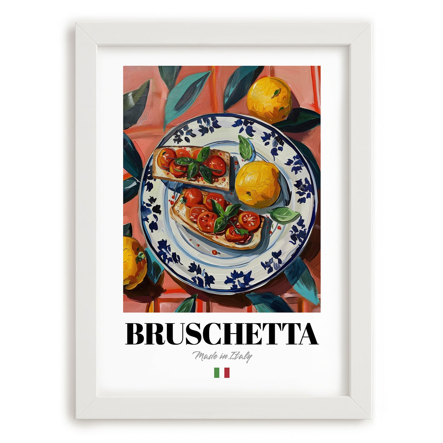 Bruschetta – Italian Snack Dish, Farmhouse Kitchen Illustration, placed in minimal white frame