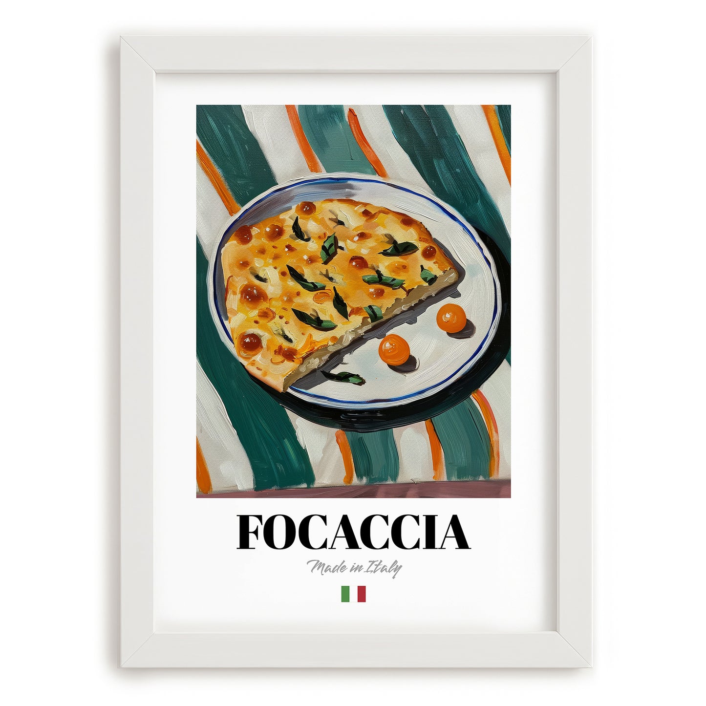 Focaccia – Italian Bread Dish, Food Bar Art, placed in minimal white frame