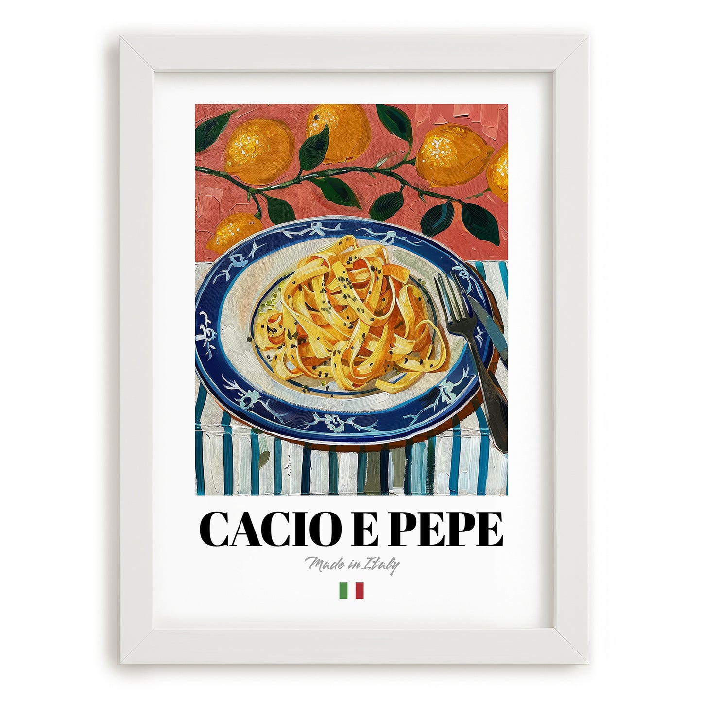 Cacio e Pepe – Italian Pasta, Restaurant Poster, placed in minimal white frame