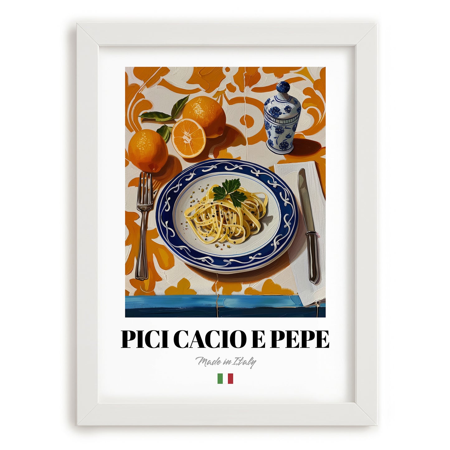 Pici Cacio e Pepe – Italian Pasta, Osteria Print, placed in minimal white frame