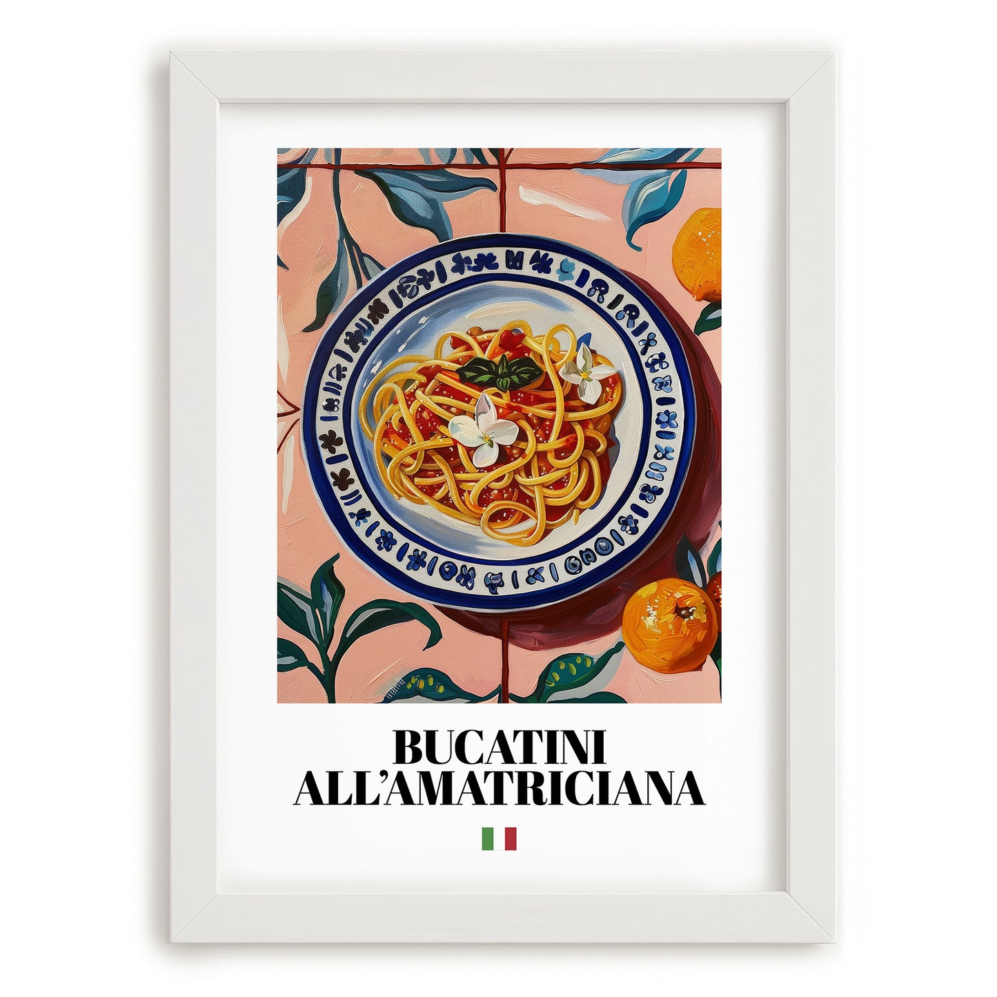 Bucatini all'Amatriciana – Italian Pasta, Trattoria Wall Art, placed in minimal white frame