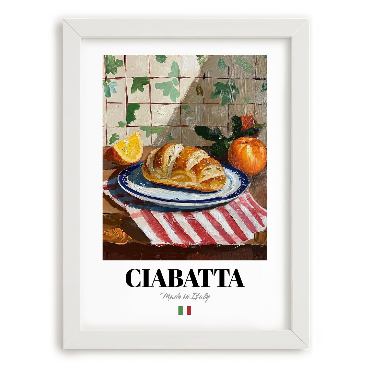 Ciabatta – Italian Bread Dish, Café Wall Art, placed in minimal white frame