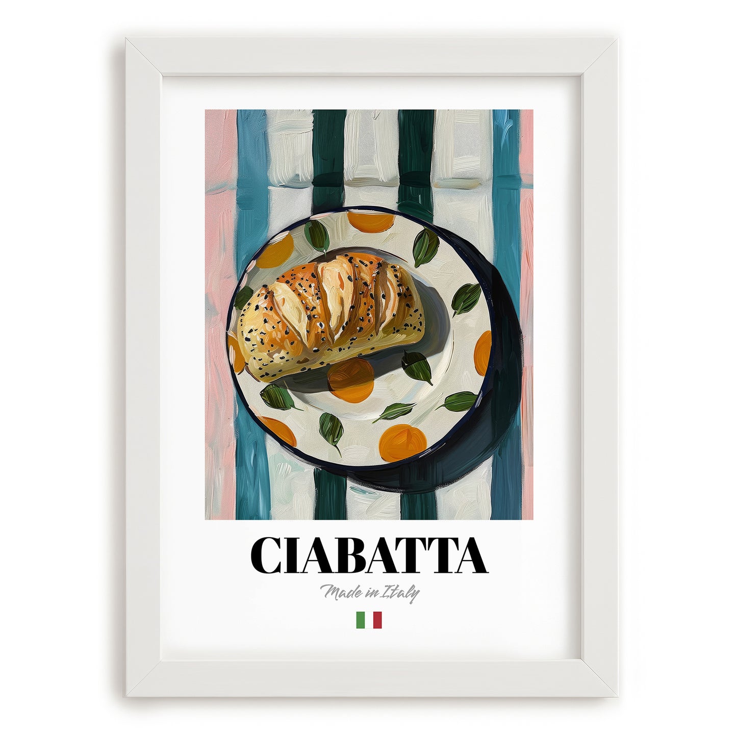 Ciabatta – Italian Bread Dish, Fine Dining Restaurant Illustration, placed in minimal white frame