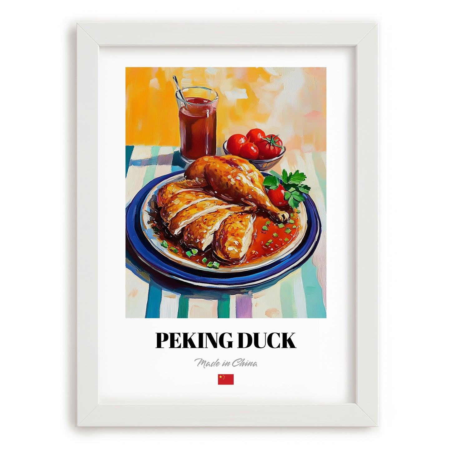 Peking Duck – Oil Painting, Chinese Food Wall Decor, placed in minimal white frame