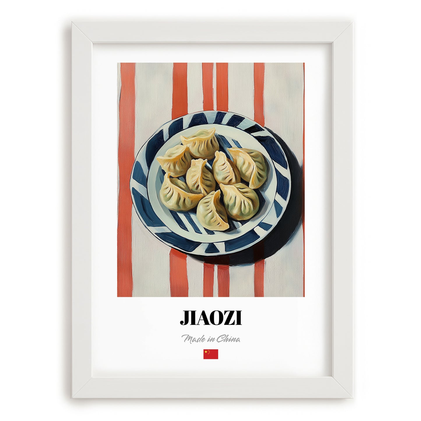 Jiaozi Dumplings – on Striped Tablecloth, Chinese Food Art, placed in minimal white frame