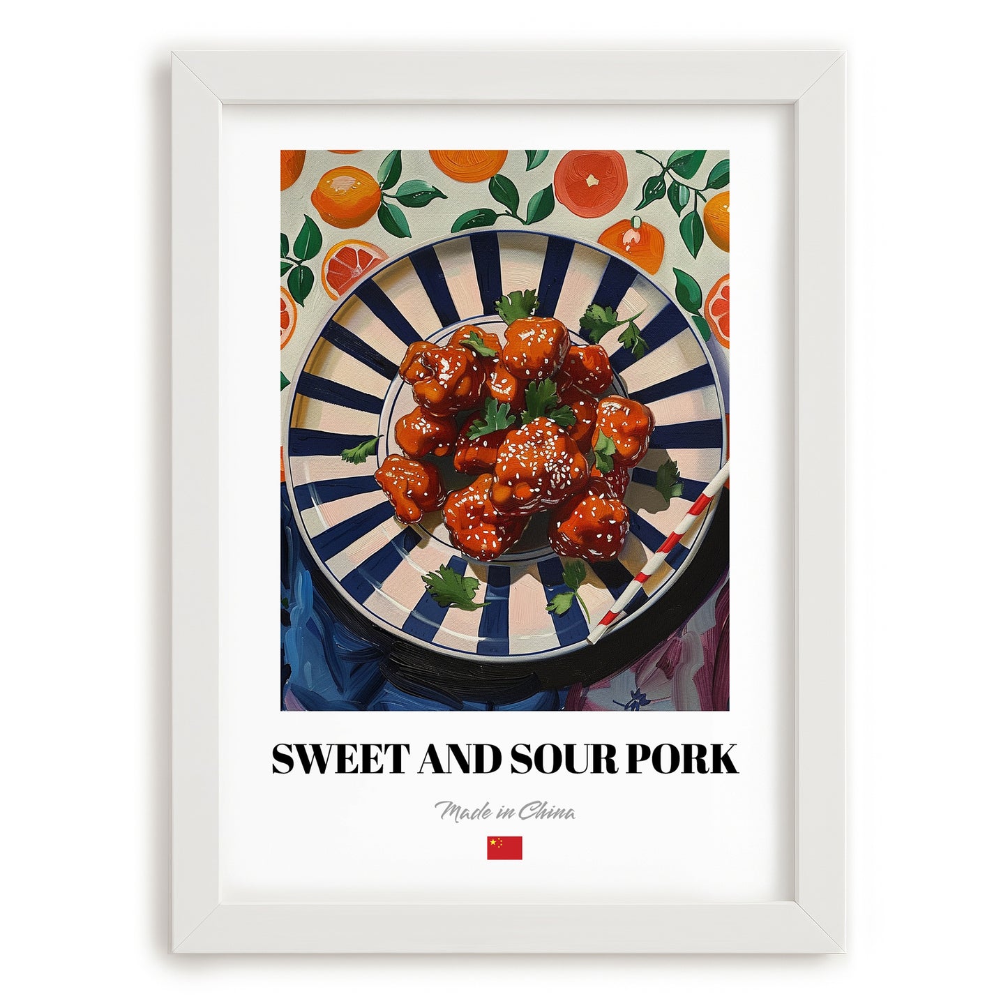 Sweet and Sour Pork – Oil Painting, Chinese Food Illustration, placed in minimal white frame