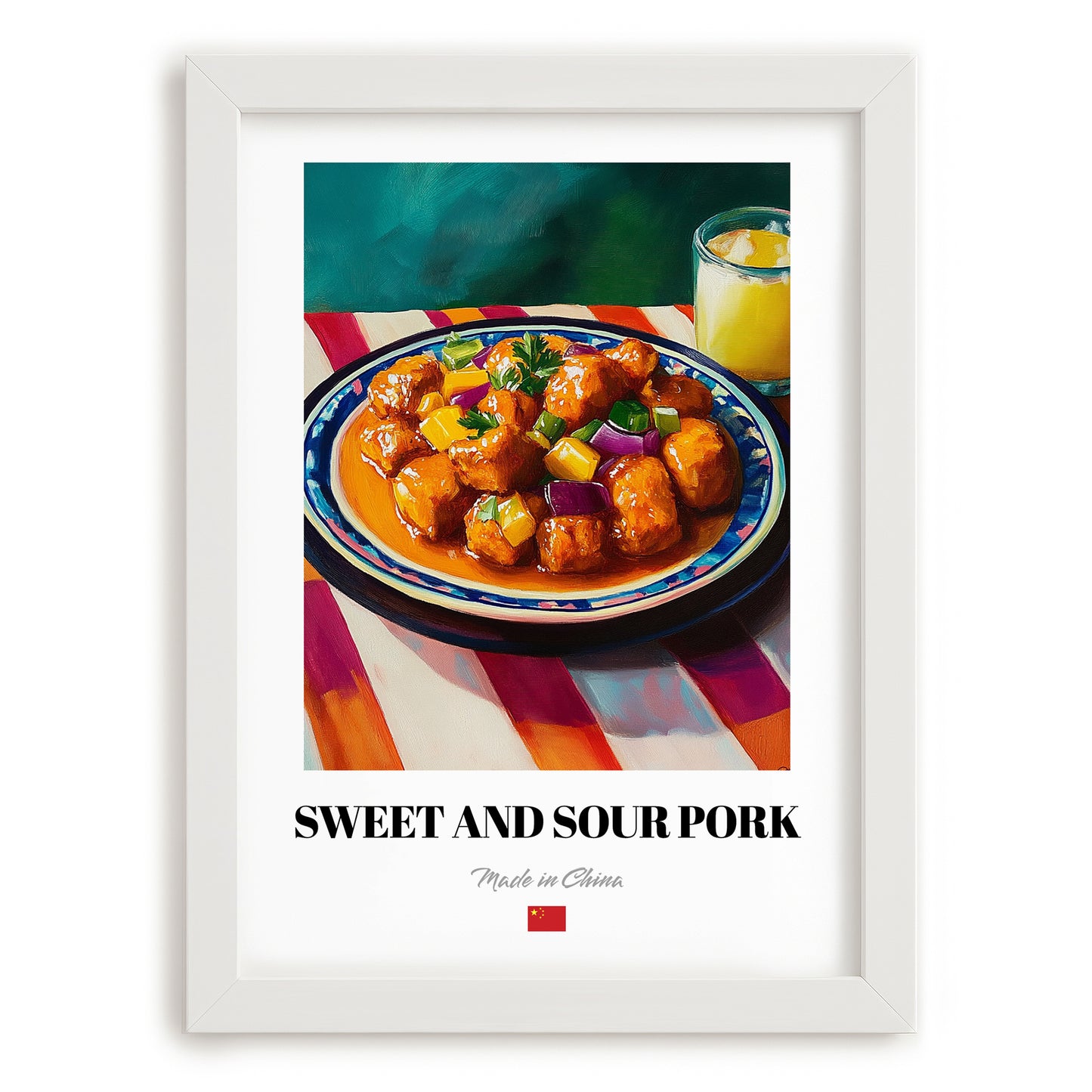 Sweet and Sour Pork – on Striped Tablecloth, Chinese Food Painting, placed in minimal white frame