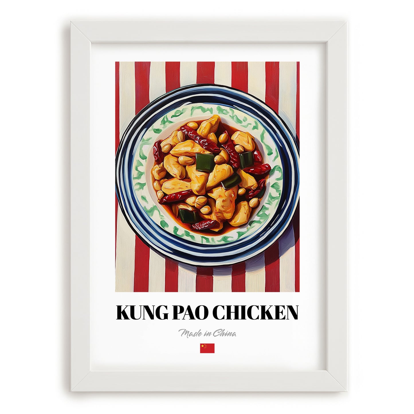 Kung Pao Chicken – on Striped Tablecloth, Chinese Food Art, placed in minimal white frame