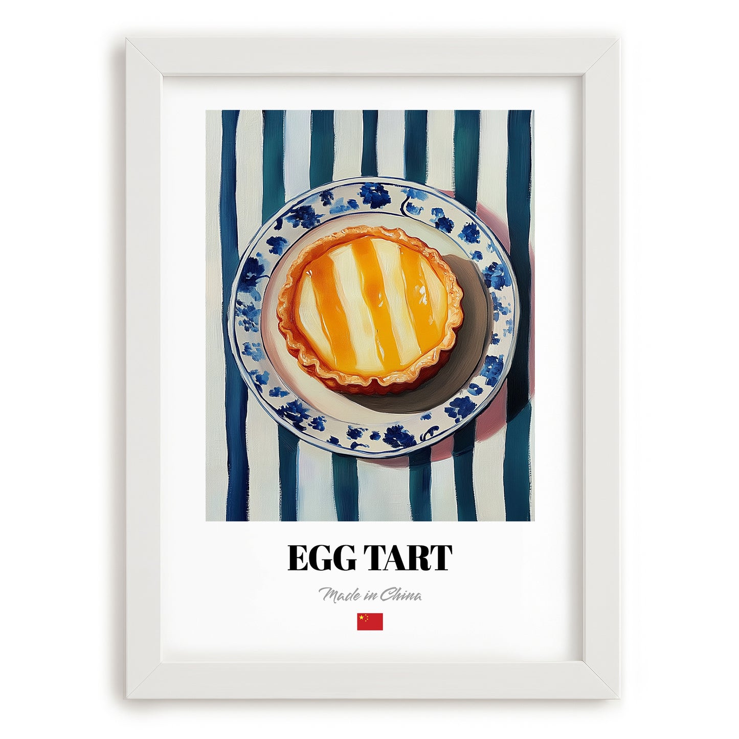 Dàn Tǎ (Egg Tart) – on Striped Tablecloth, Chinese Dessert Poster, placed in minimal white frame