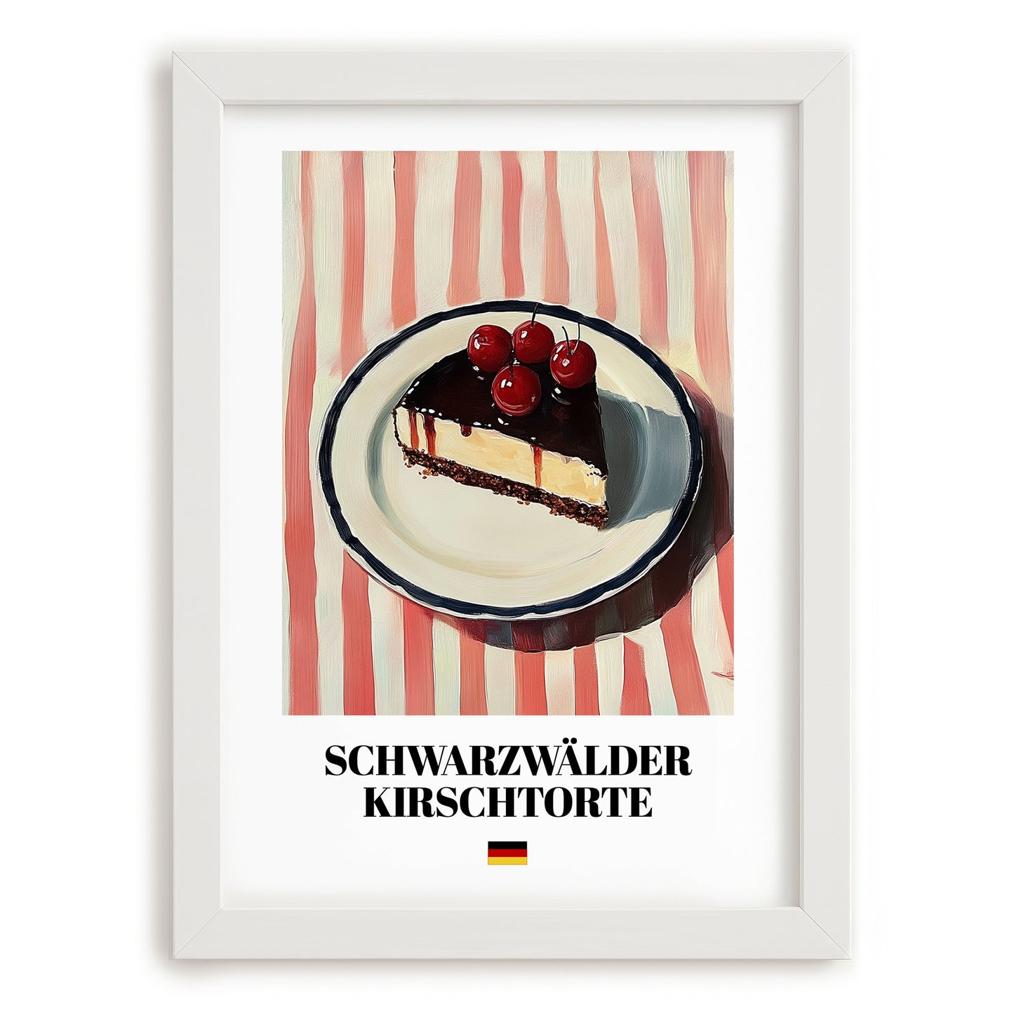 Schwarzwälder Kirschtorte – on Striped Tablecloth, German Dessert Art, placed in minimal white frame