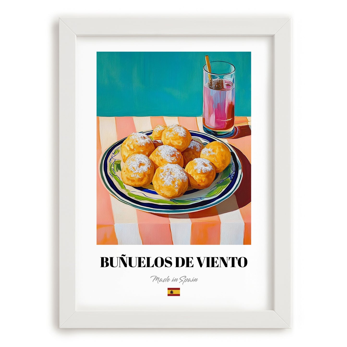 Buñuelos de Viento – Art, Spanish Dessert Wall Print, placed in minimal white frame