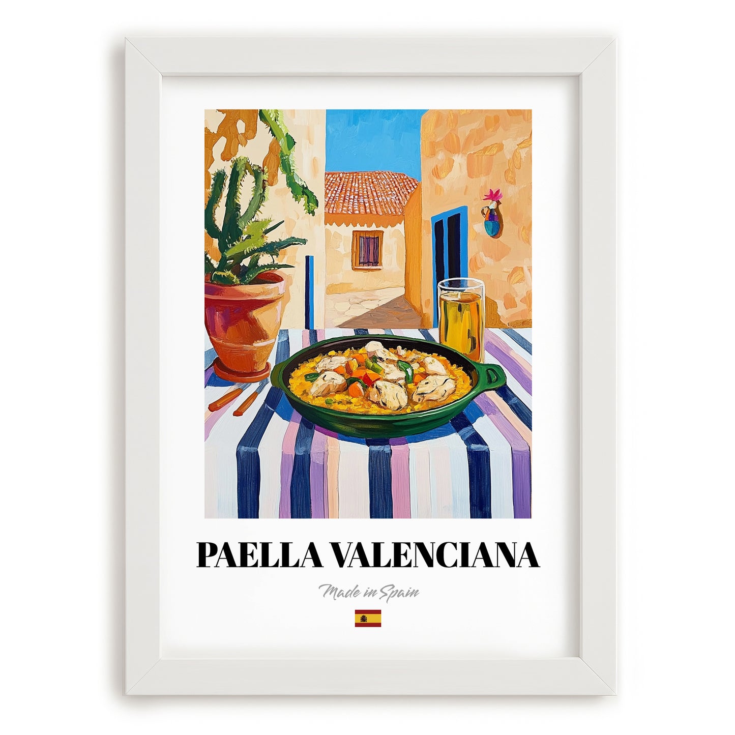 Paella Valenciana Valencian Village Street Café Scene, Spanish Food Still Life, placed in minimal white frame