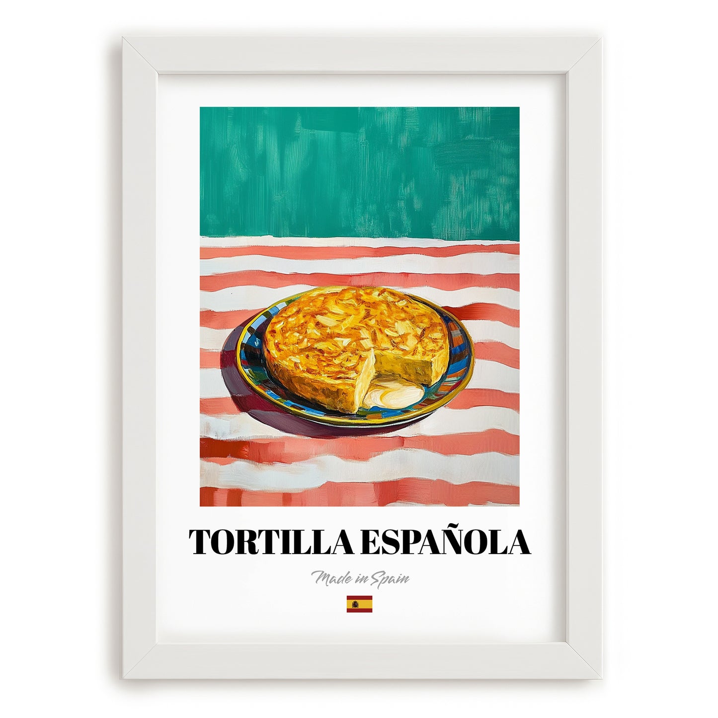 Tortilla Española – on Striped Tablecloth, Spanish Food Wall Decor, placed in minimal white frame