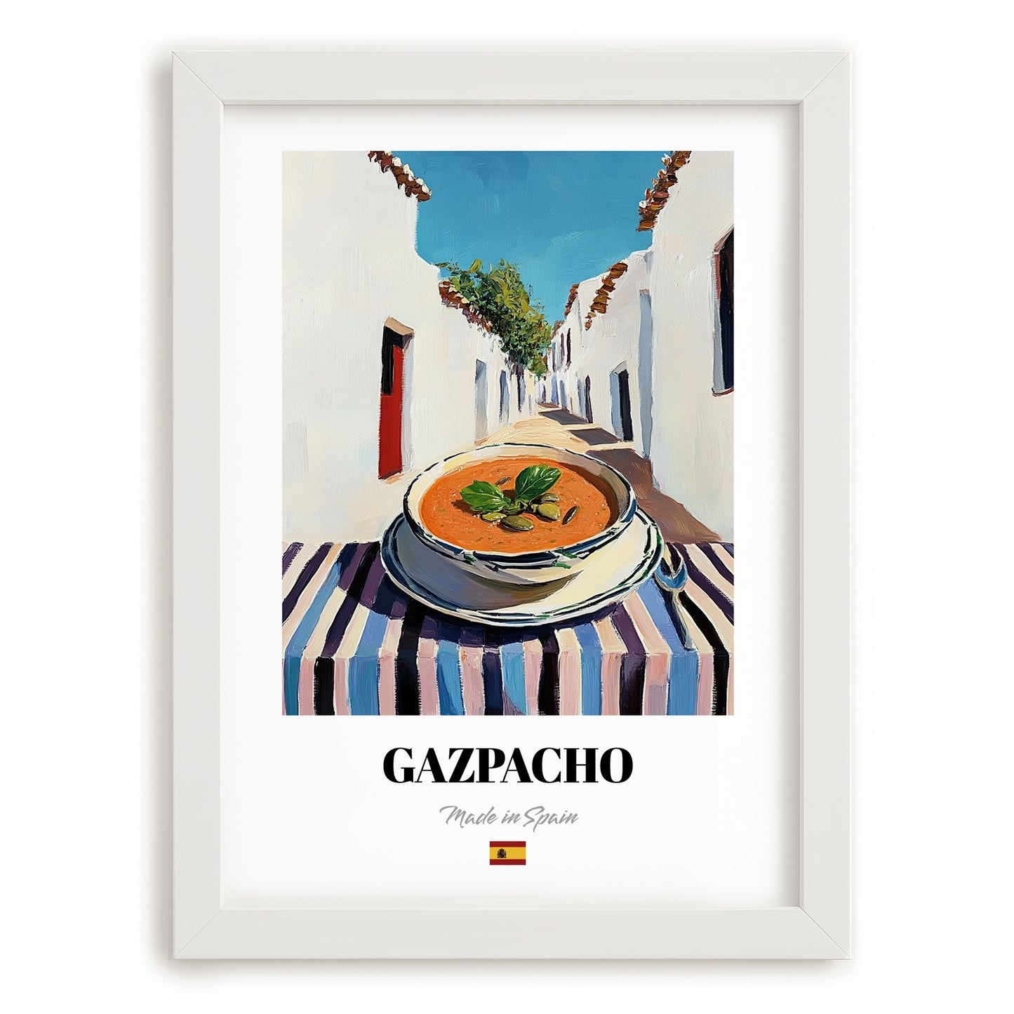 Gazpacho White Village Street Café, Spanish Food Art, placed in minimal white frame