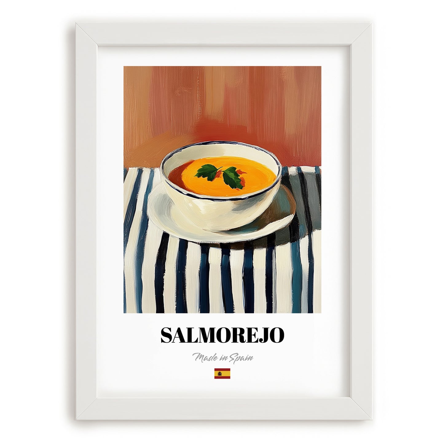 Salmorejo – on Striped Tablecloth, Spanish Food Print, placed in minimal white frame