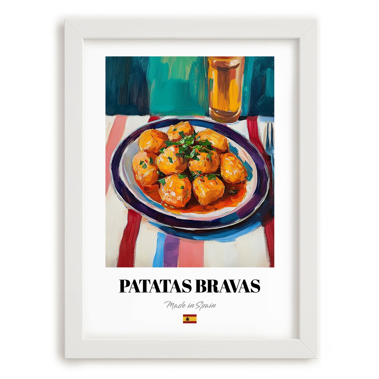 Patatas Bravas – Colorful Oil Painting, Spanish Food Print, placed in minimal white frame