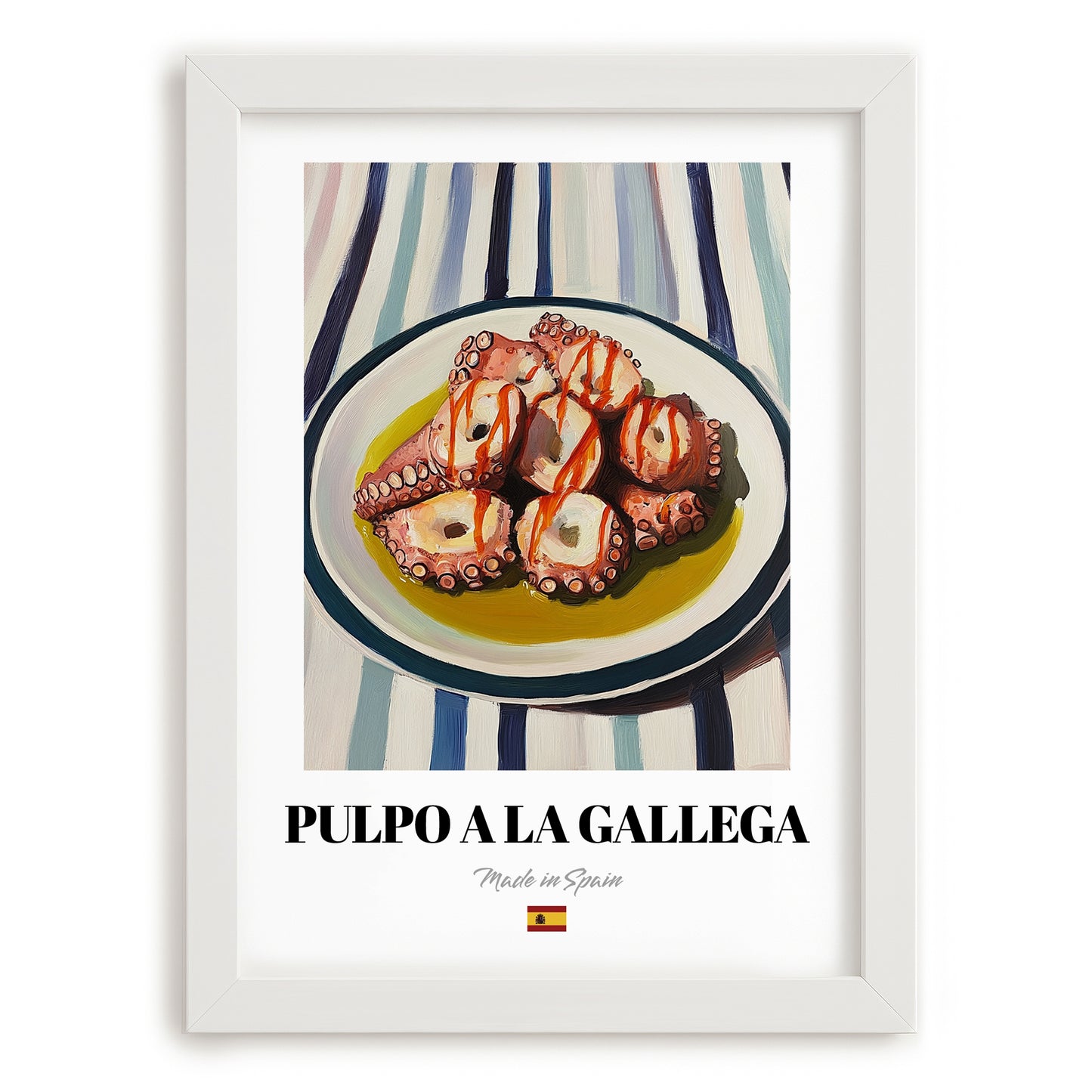 Pulpo a la Gallega – on Striped Tablecloth, Spanish Food Illustration, placed in minimal white frame