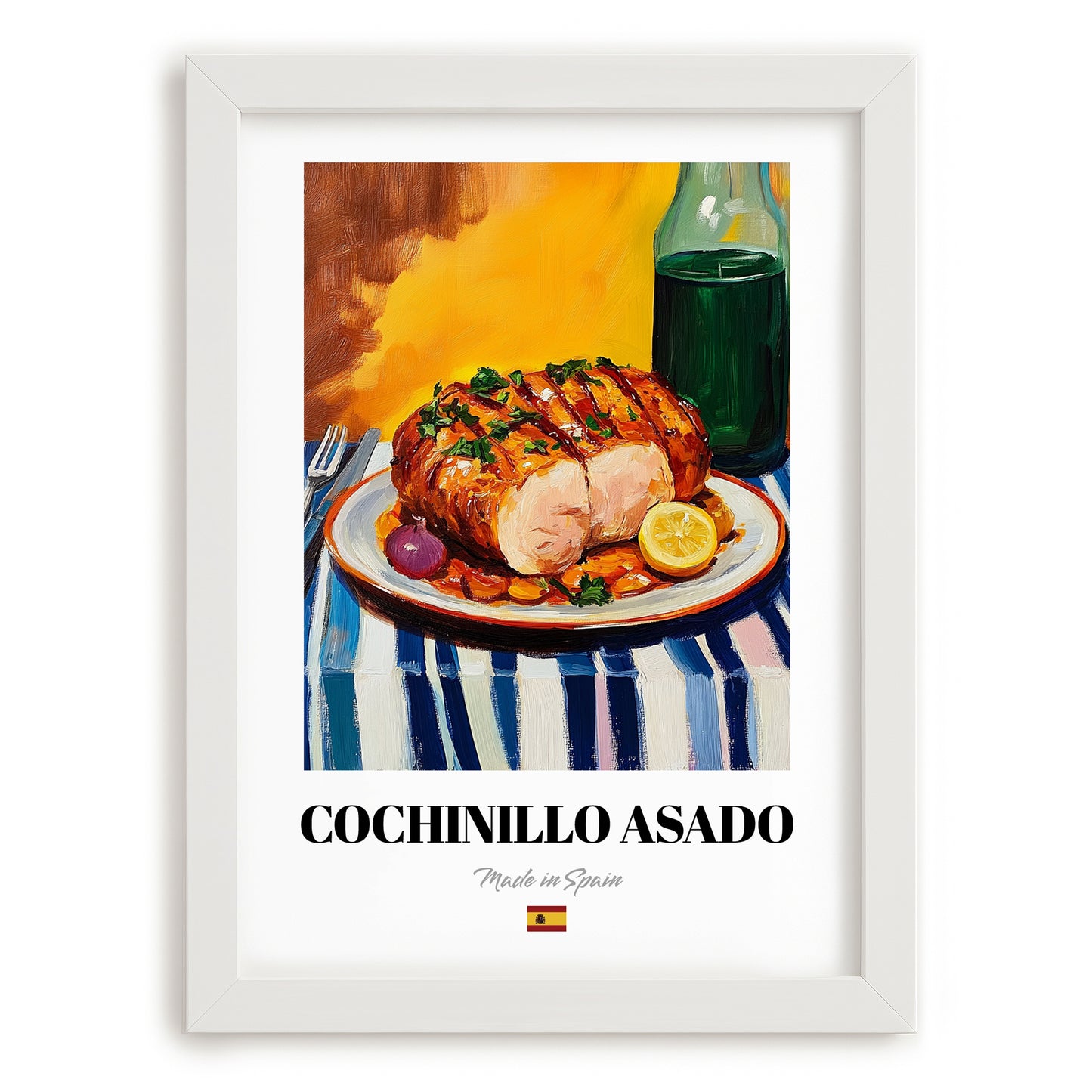 Cochinillo Asado – Colorful Oil Painting, Spanish Food Wall Art, placed in minimal white frame