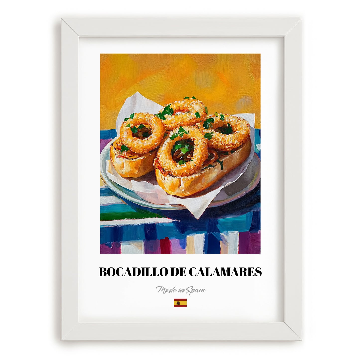 Bocadillo de Calamares – Oil Painting, Spanish Food Poster, placed in minimal white frame
