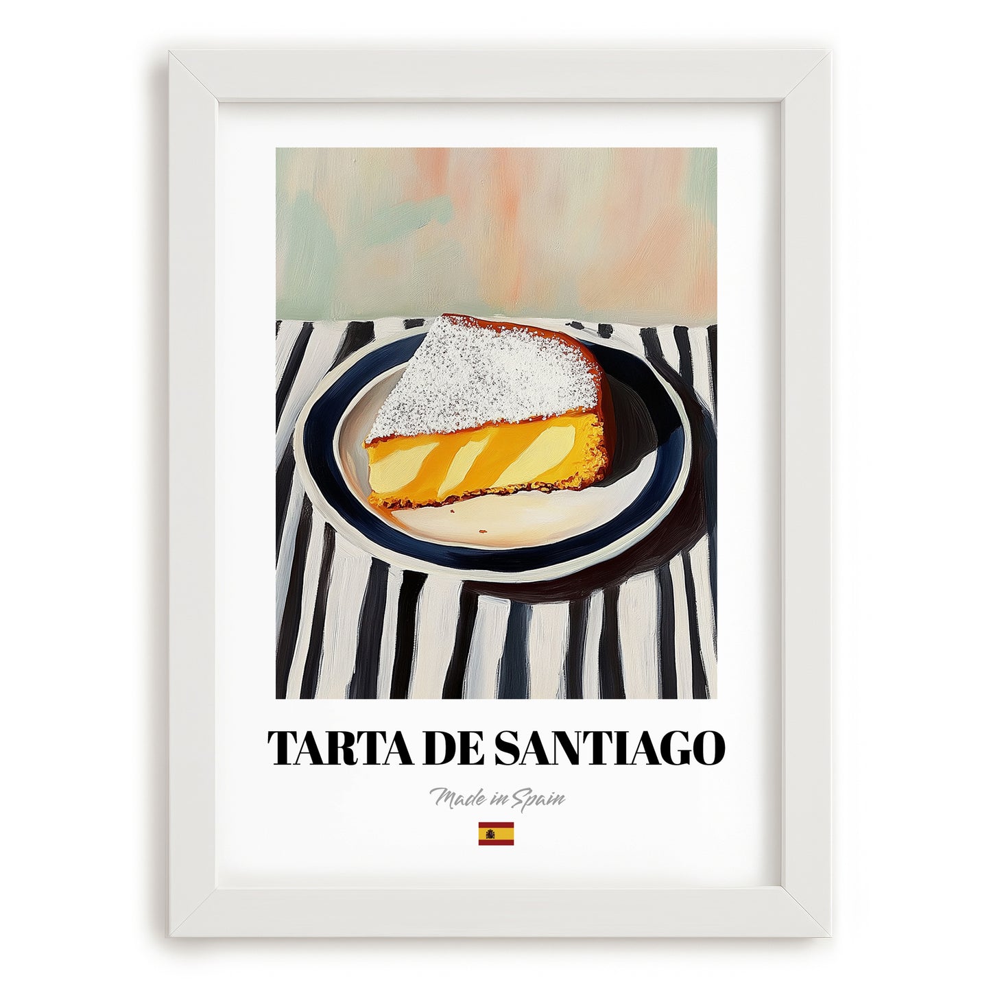 Tarta de Santiago – on Striped Tablecloth, Spanish Dessert Illustration, placed in minimal white frame