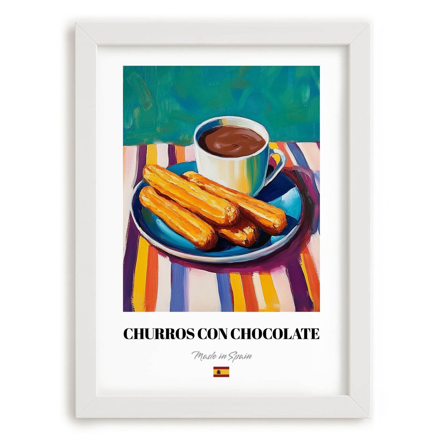 Churros con Chocolate – Colorful Oil Painting, Spanish Dessert Poster, placed in minimal white frame
