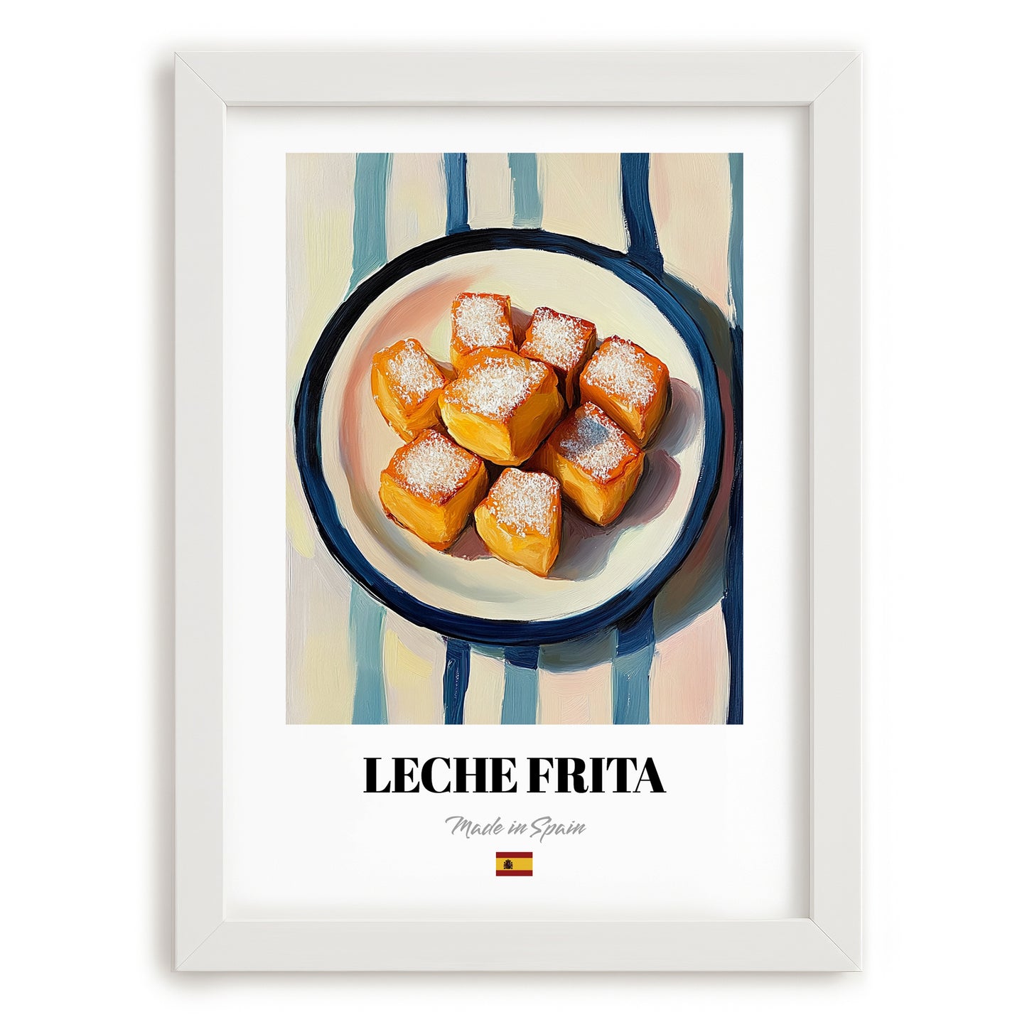 Leche Frita – on Striped Tablecloth, Spanish Dessert Wall Decor, placed in minimal white frame