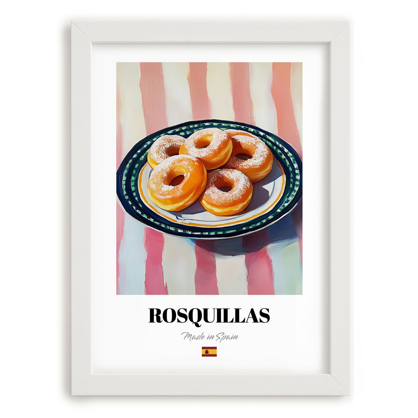 Rosquillas – on Striped Tablecloth, Spanish Dessert Illustration, placed in minimal white frame