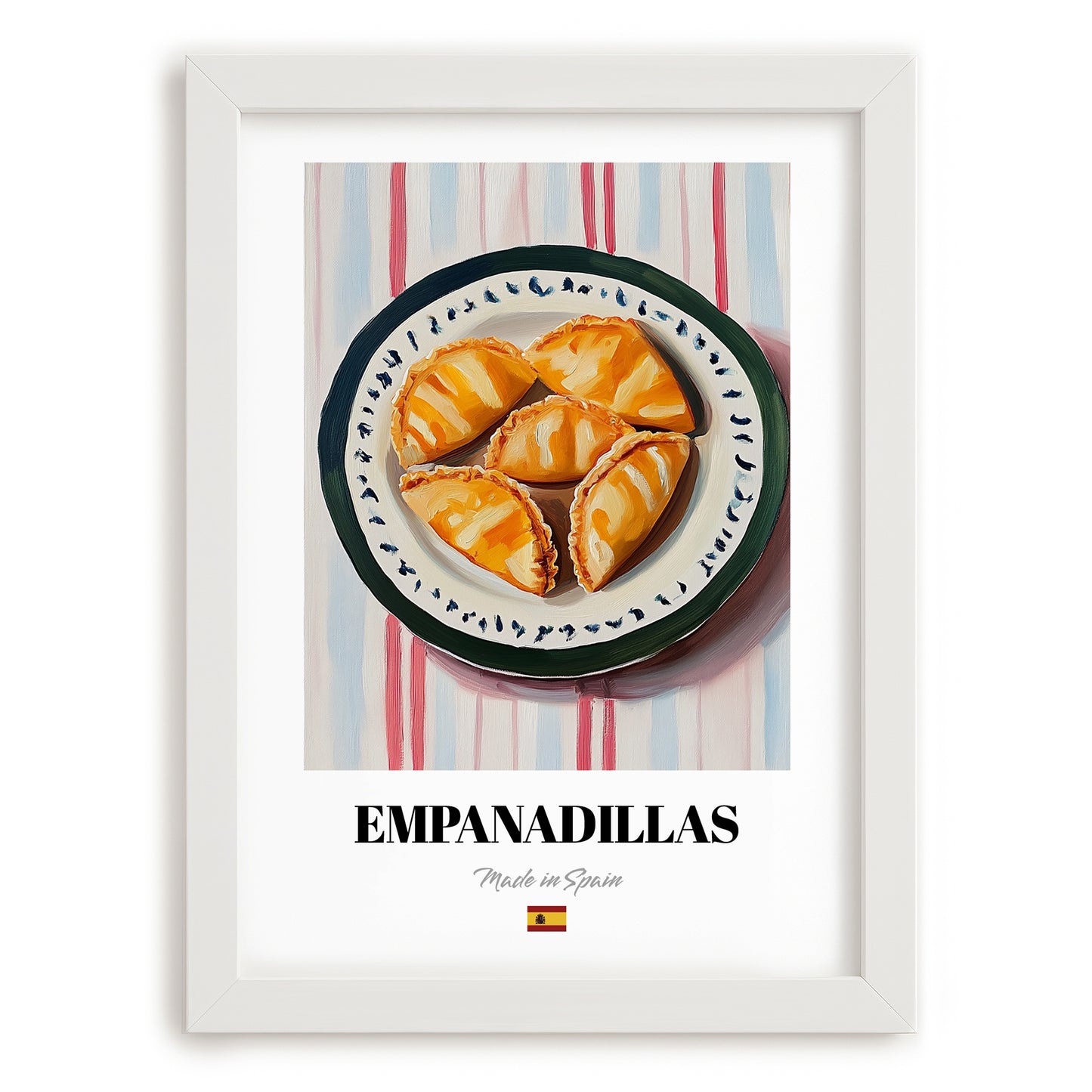 Empanadillas – on Striped Tablecloth, Spanish Pastry Wall Art, placed in minimal white frame