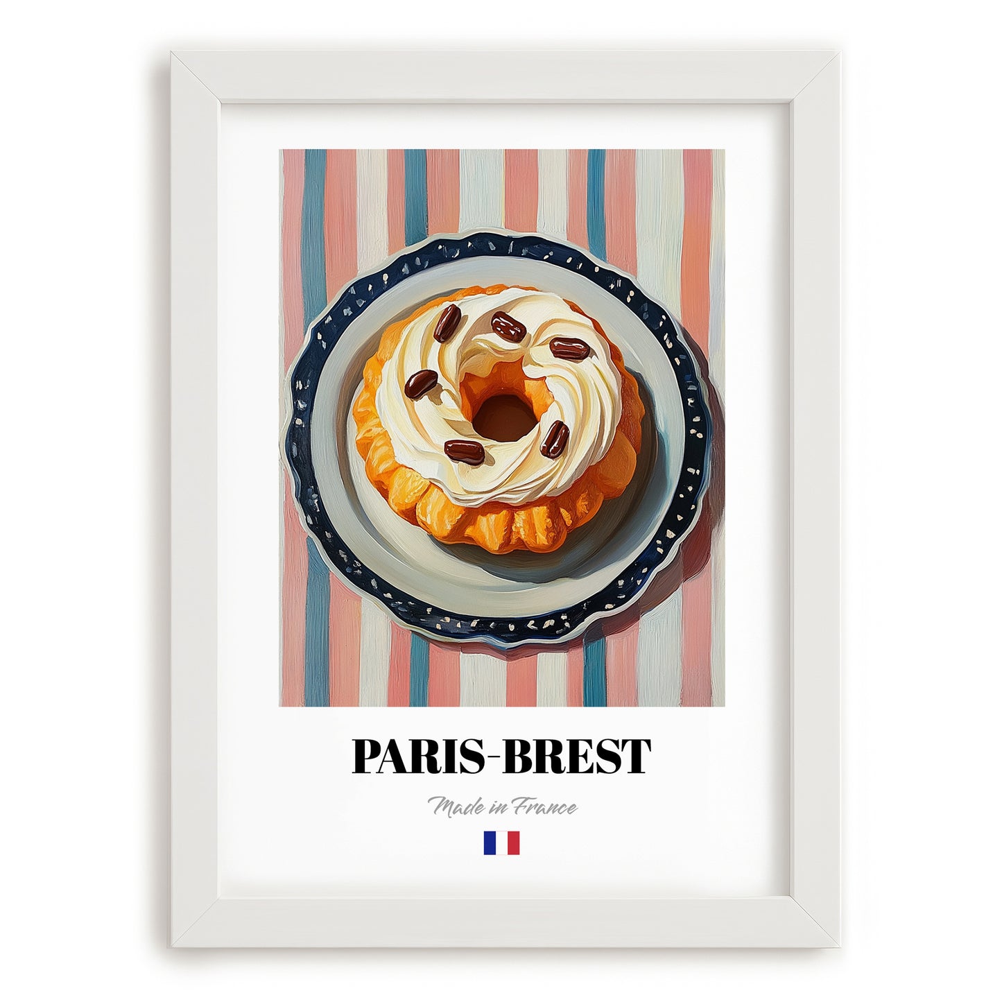 Paris-Brest – on Striped Tablecloth, French French Pastry Art, placed in minimal white frame