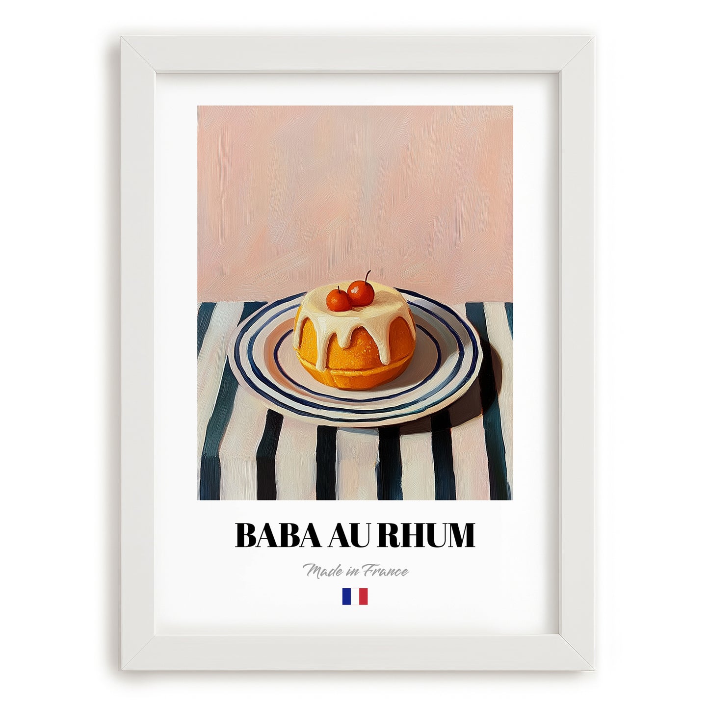 Baba au Rhum – on Striped Tablecloth, French French Dessert Wall Decor, placed in minimal white frame