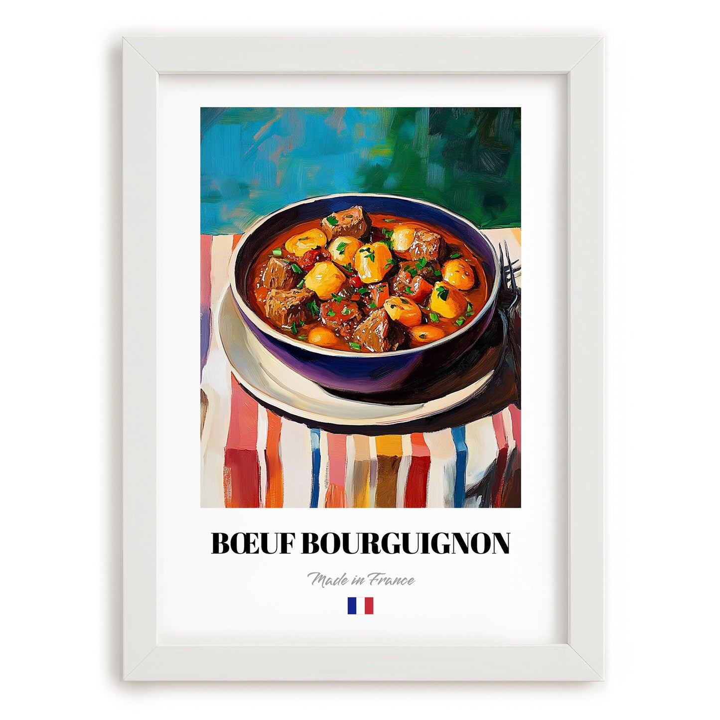 Bœuf Bourguignon – Colorful Oil Painting, French Food Art, placed in minimal white frame