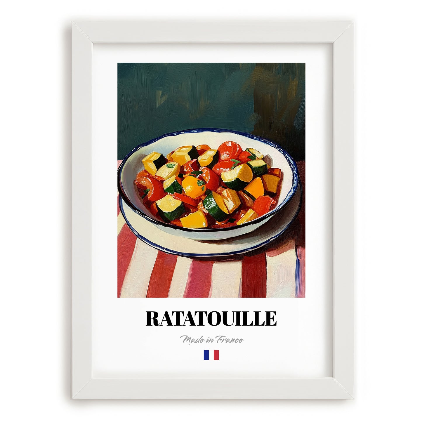 Ratatouille – on Striped Tablecloth, French Food Wall Art, placed in minimal white frame