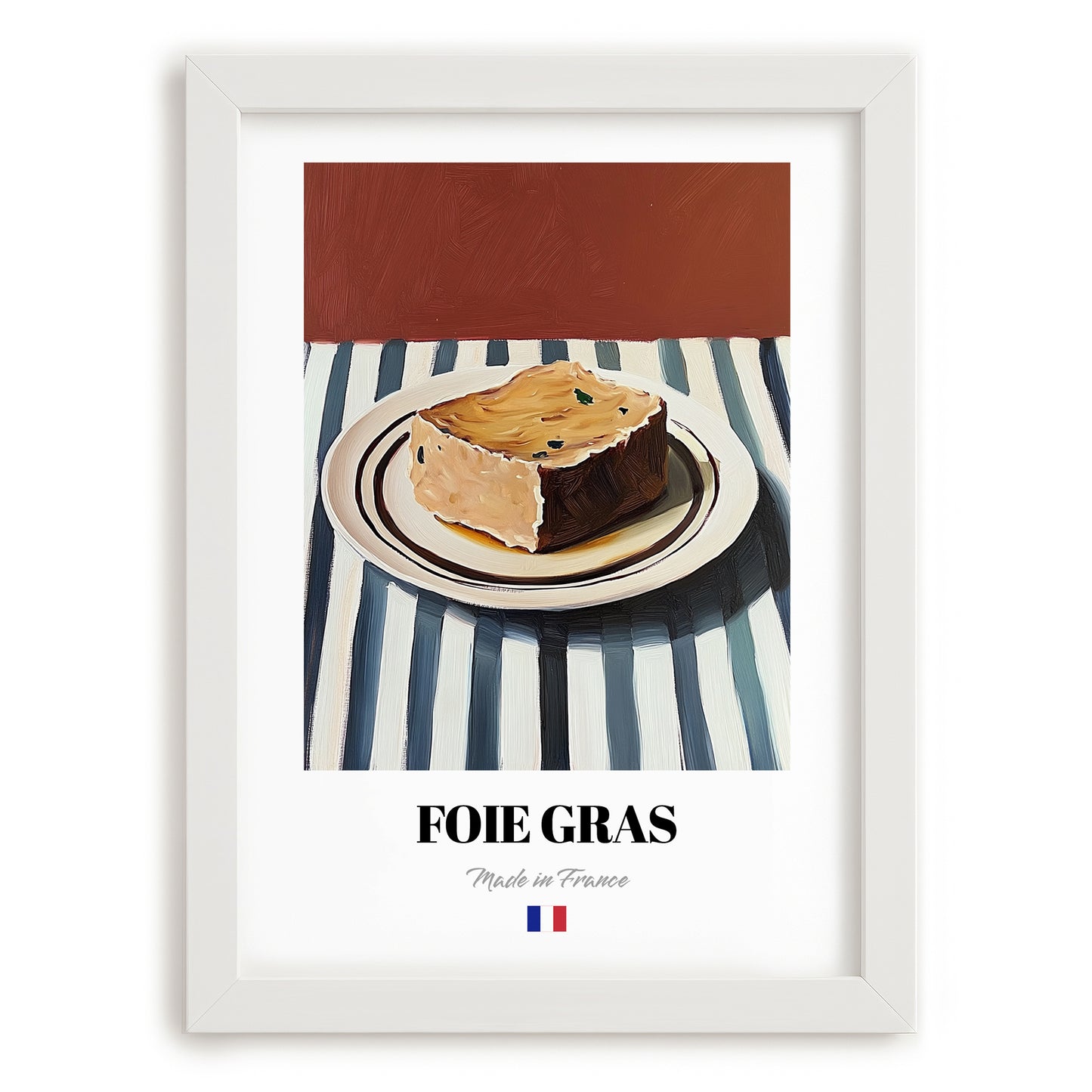 Foie Gras – on Striped Tablecloth, French Food Wall Decor, placed in minimal white frame