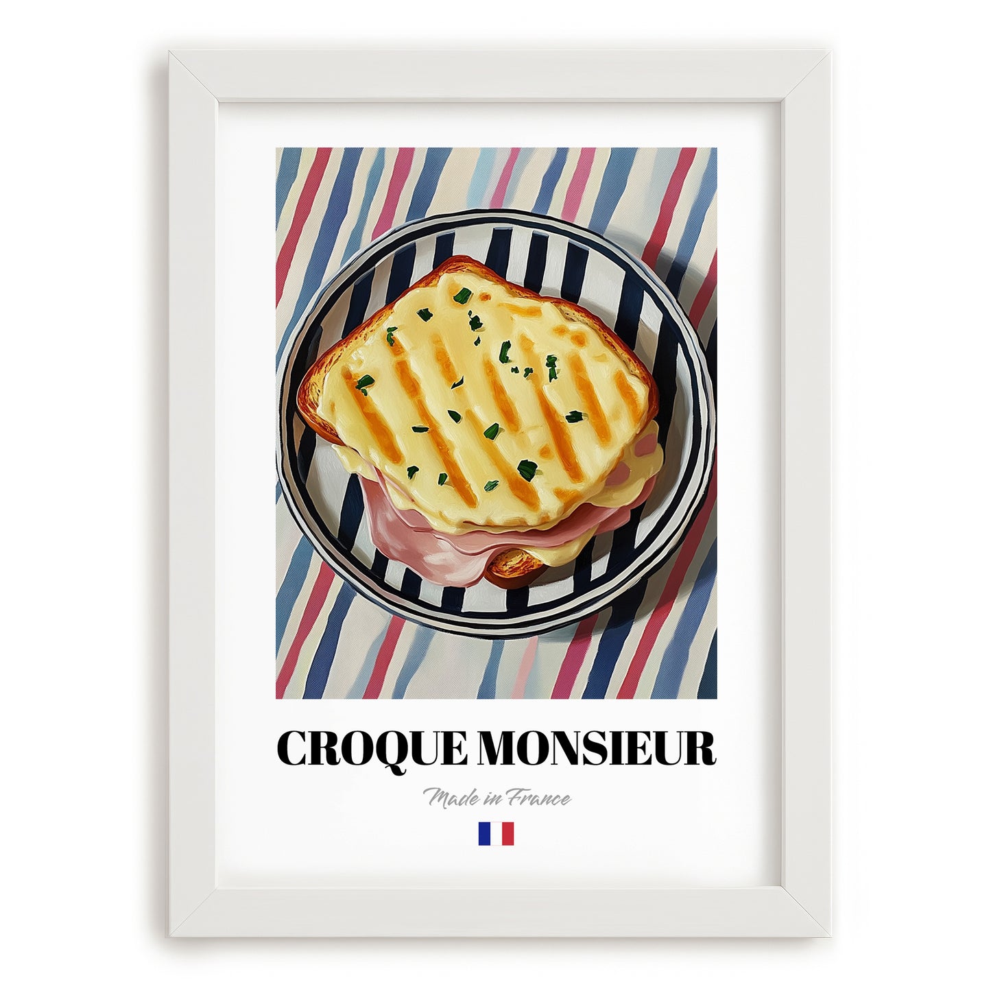 Croque Monsieur – on Striped Tablecloth, French Food Painting, placed in minimal white frame