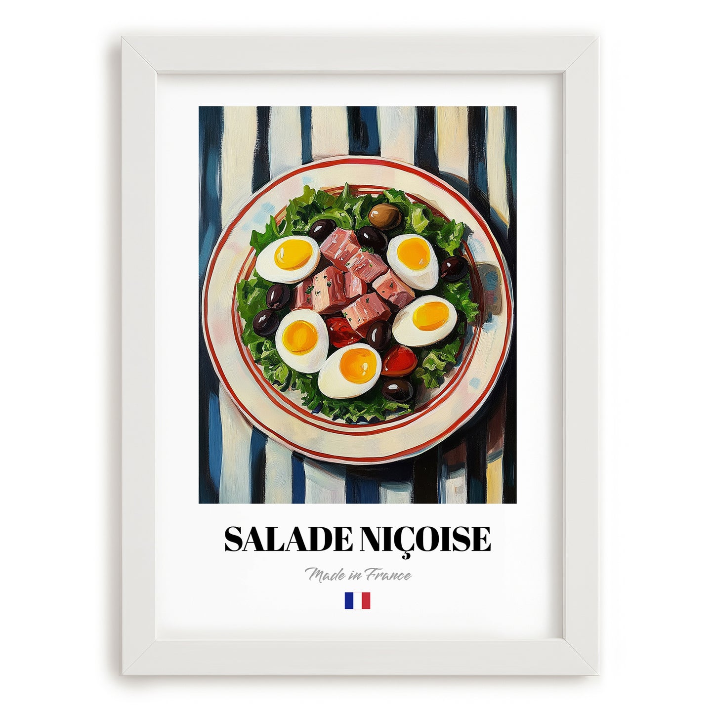 Salade Niçoise – on Striped Tablecloth, French Food Painting, placed in minimal white frame