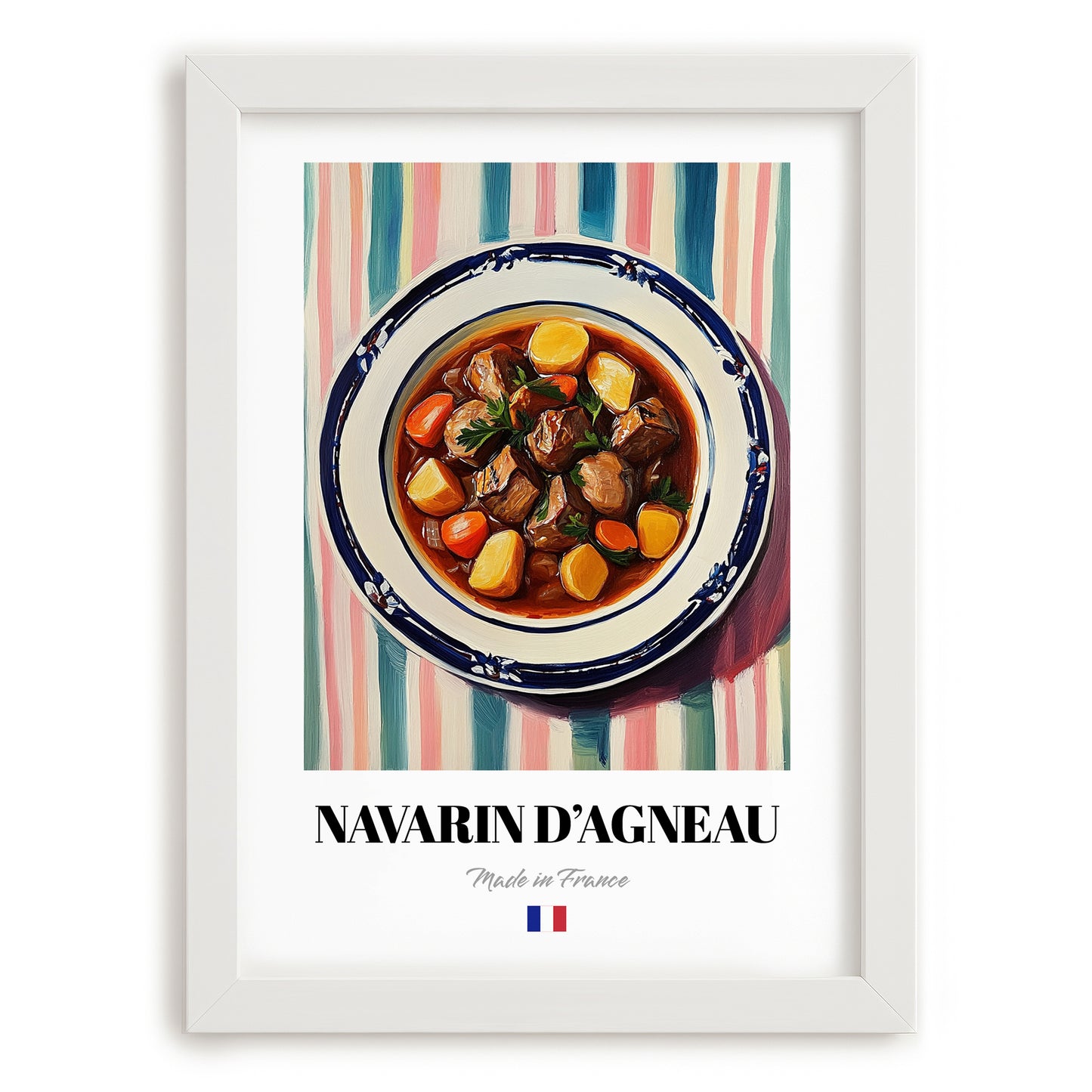 Navarin d’Agneau – on Striped Tablecloth, French Food Wall Art, placed in minimal white frame