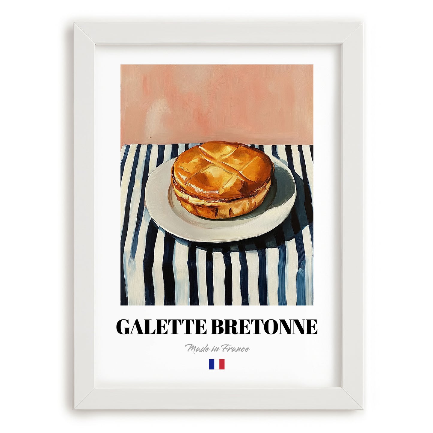 Galette Bretonne – on Striped Tablecloth, French Pastry Print, placed in minimal white frame
