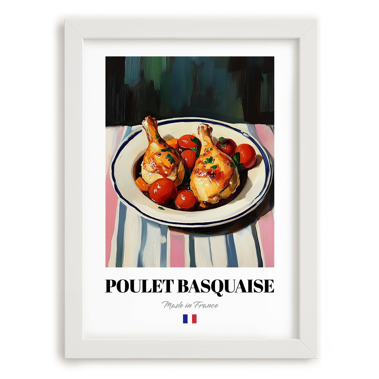 Poulet Basquaise – on Striped Tablecloth, French Food Painting, placed in minimal white frame