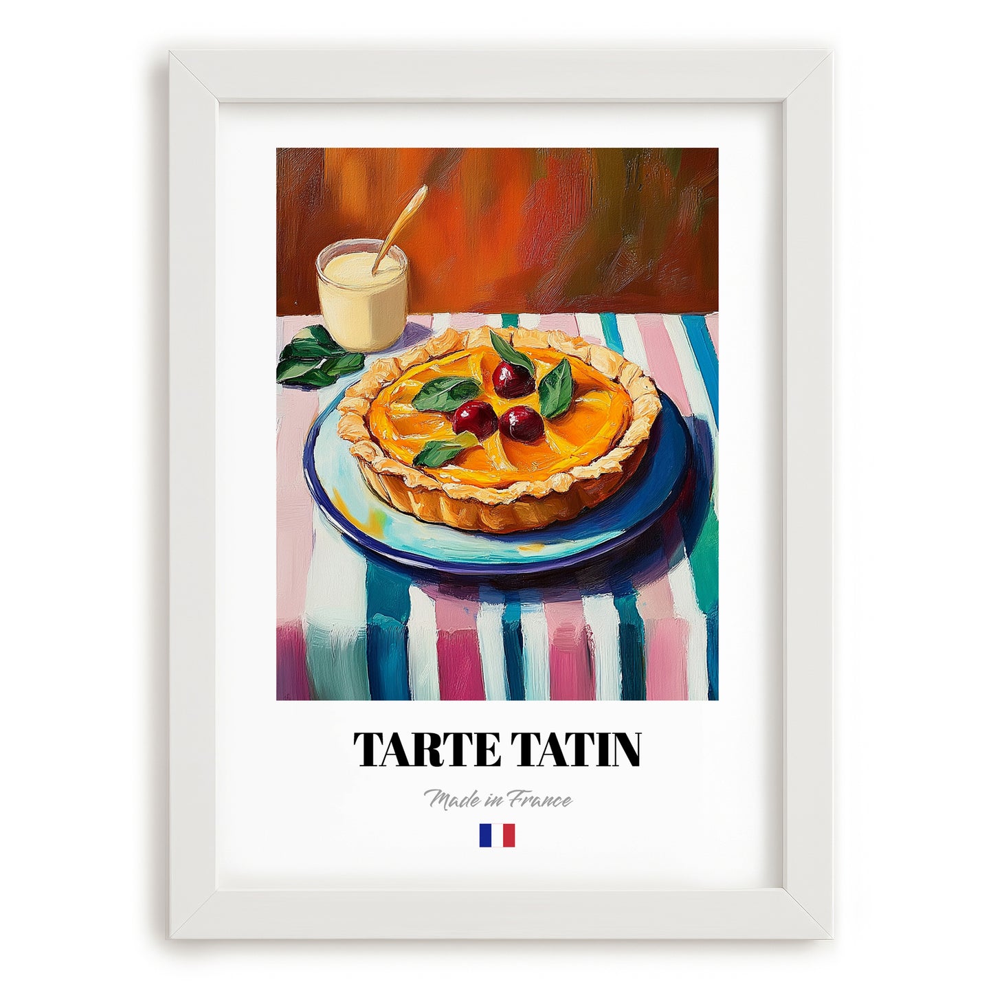 Tarte Tatin – Colorful Oil Painting, French French Dessert Still Life, placed in minimal white frame