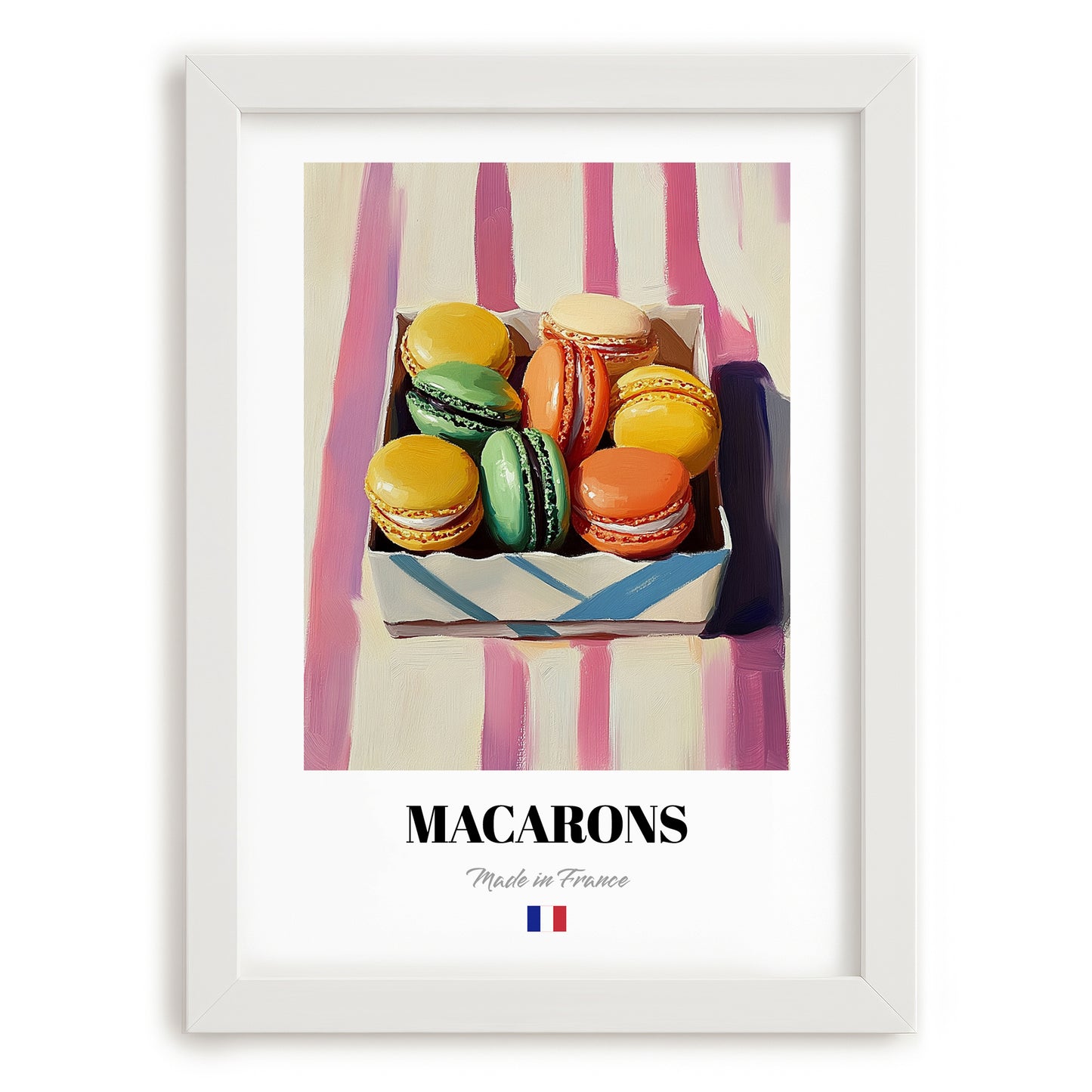 Macarons – on Striped Tablecloth, French French Dessert Still Life, placed in minimal white frame