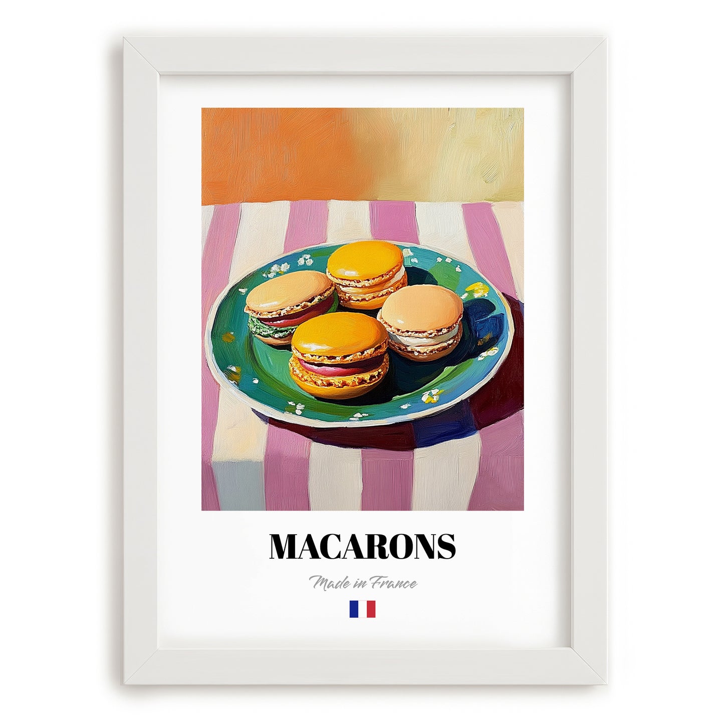 Macarons – Oil Painting, French French Dessert Illustration, placed in minimal white frame